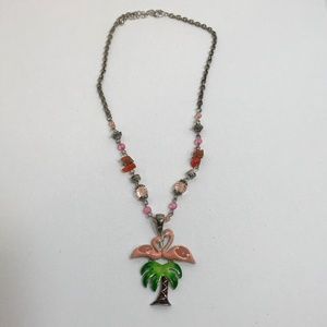 Pink Flamingo on Palm Tree Necklace.
